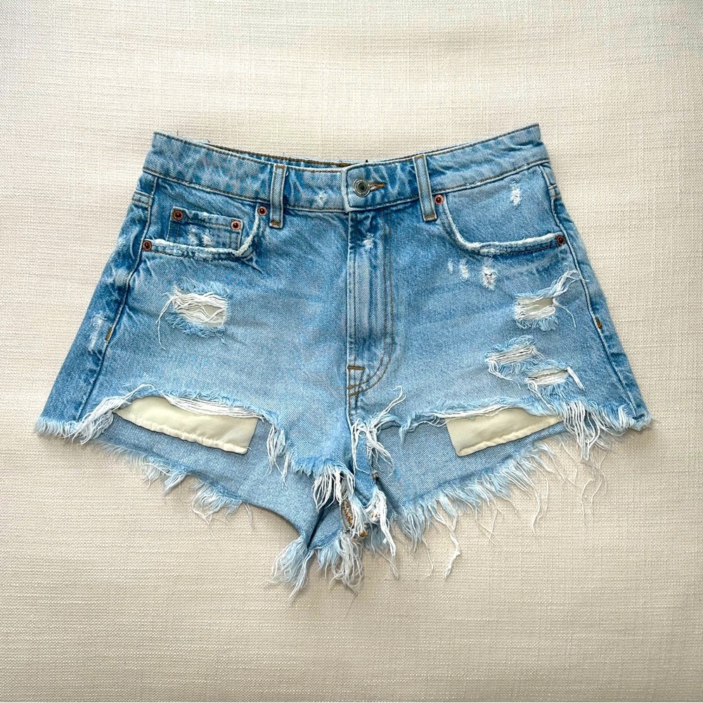 Zara Light Blue Distressed Jean Shorts